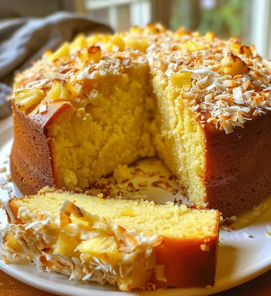 Delicious Pineapple Coconut Pound Cake topped with fresh pineapple and coconut flakes