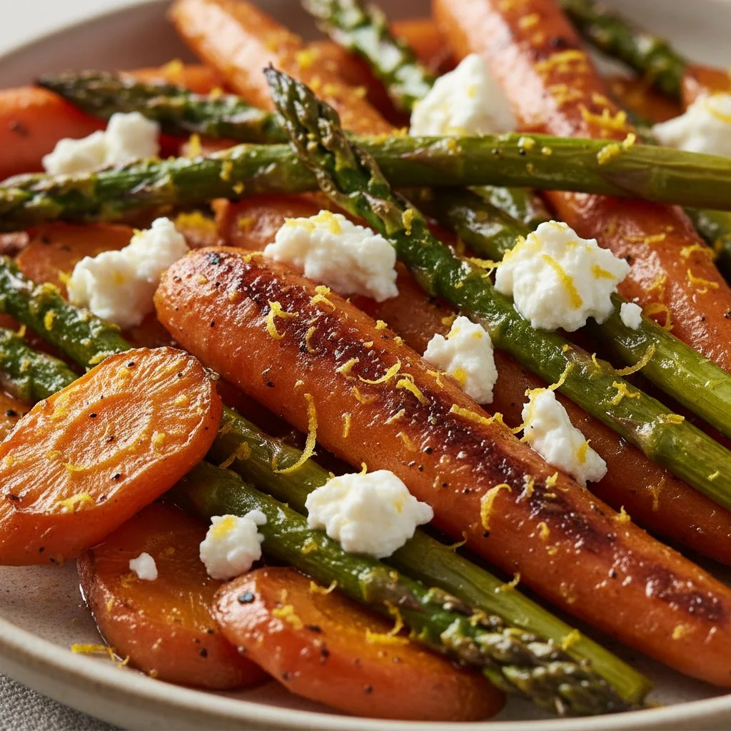 Roasted carrots and asparagus with honey-balsamic glaze on a serving plate.