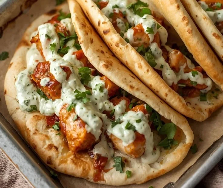 Delicious Sheet Pan Chicken Pitas served with Herby Ranch dressing