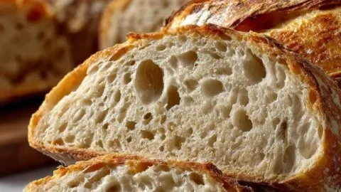 Freshly baked sourdough bread with a crispy crust and fluffy interior