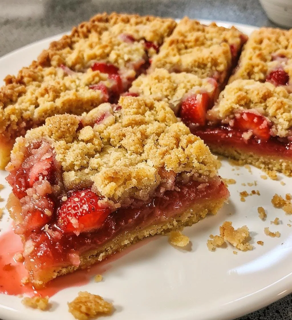 Delicious homemade strawberry crumb bars with buttery crumb topping
