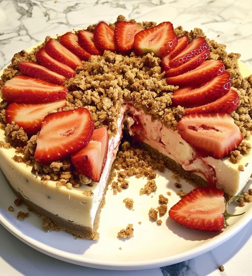 Delicious strawberry crumble cheesecake topped with fresh strawberries and crumbs