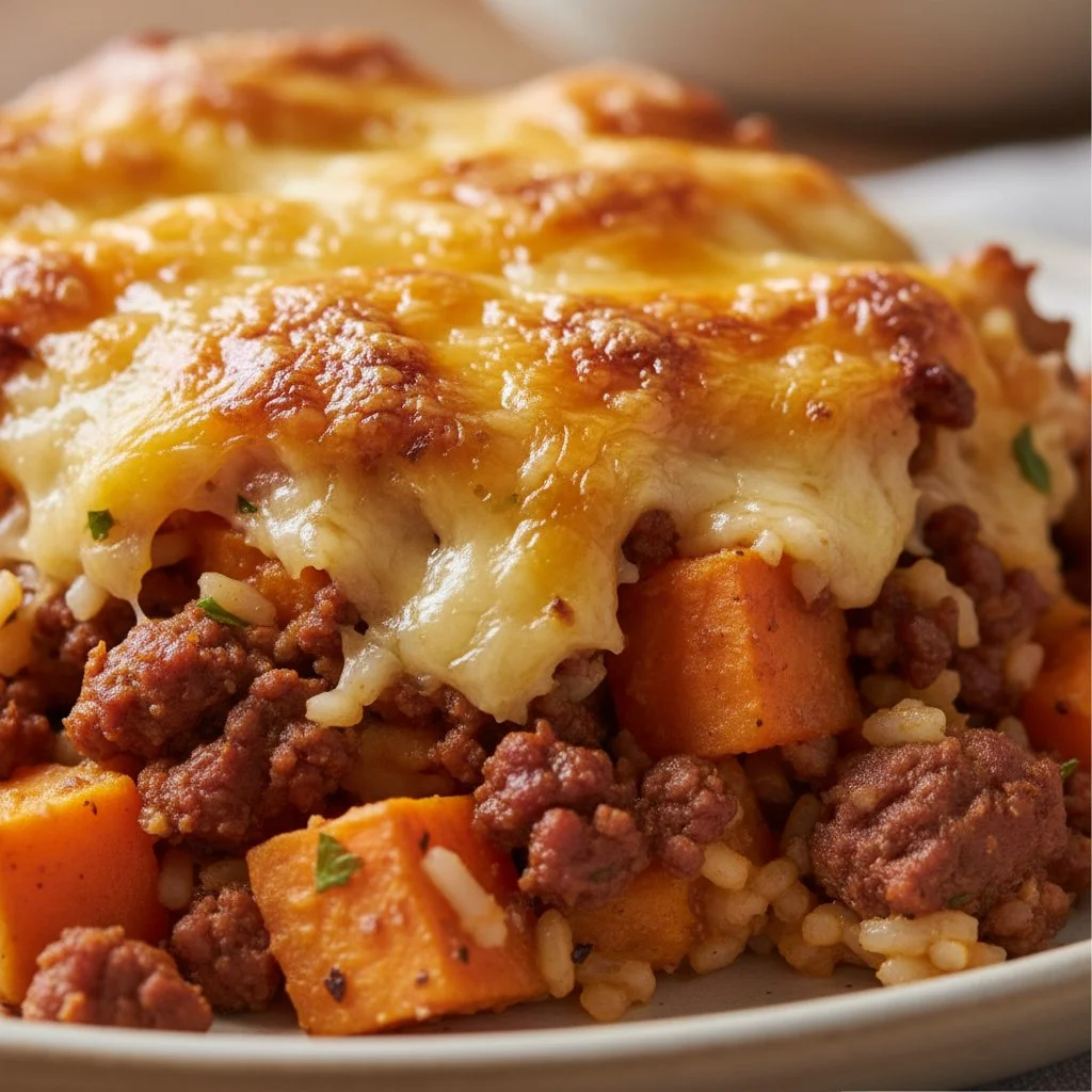 Healthy ground turkey sweet potato casserole ready to serve