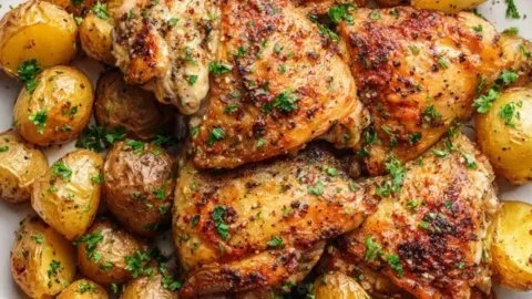 Crispy air fryer chicken and potatoes served on a plate