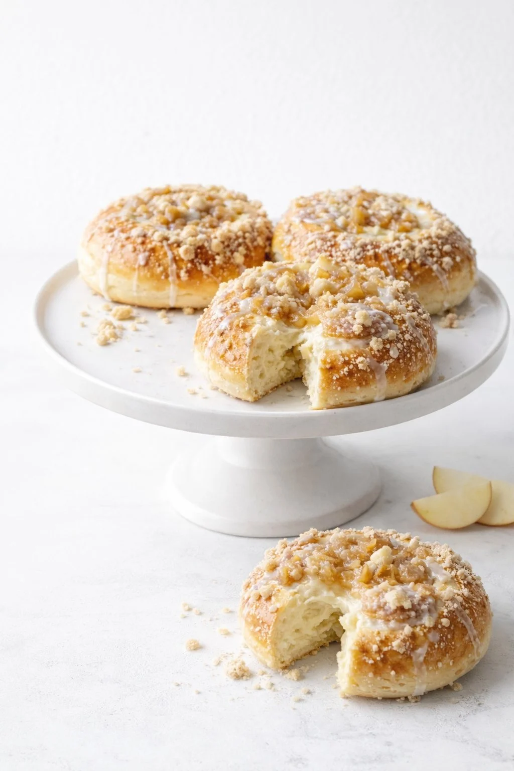 Delicious apple cheesecake streusel buns on a wooden table