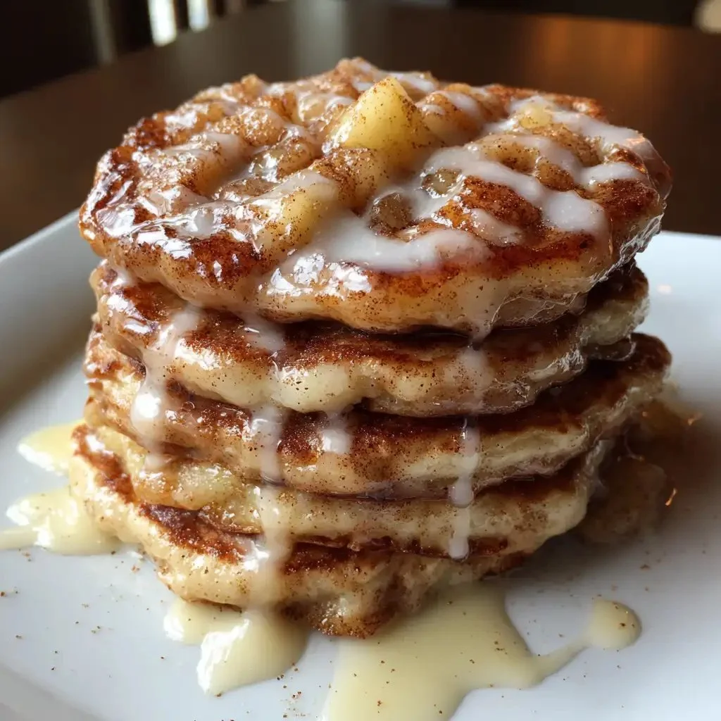 Delicious stack of apple fritter pancakes topped with syrup and apples