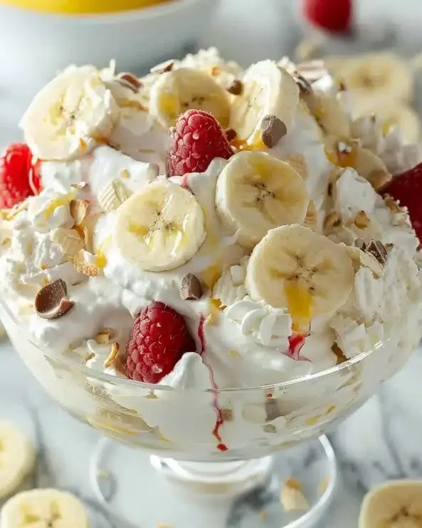 Delicious Banana Split Fluff dessert with bananas, whipped cream, and chocolate sauce