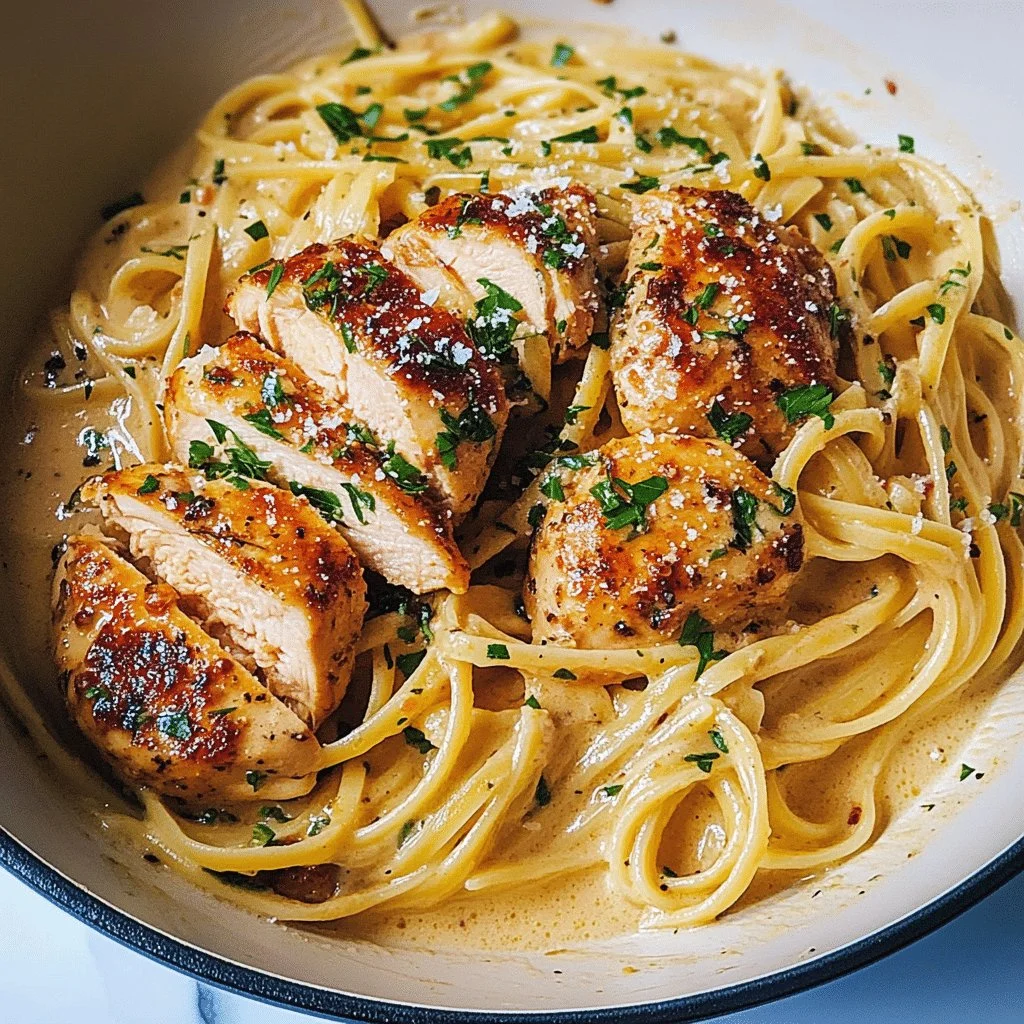Delicious Chicken Carbonara served with a creamy sauce and crispy bacon