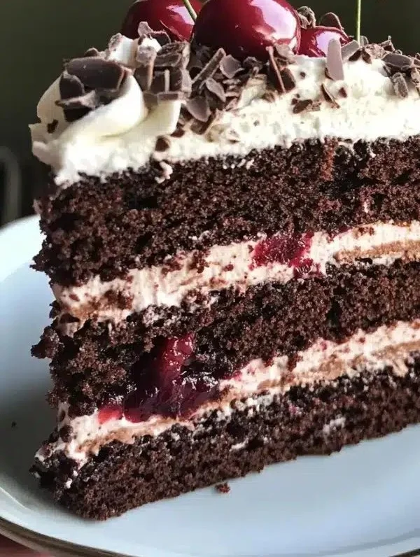 A delicious slice of Black Forest Cake topped with cherries and whipped cream.