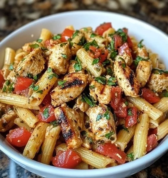 Plate of Bruschetta Chicken Pasta garnished with fresh basil and tomatoes