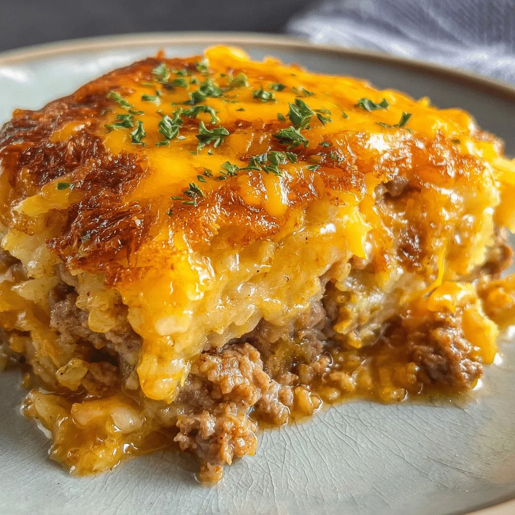 Cheesy hamburger hashbrown casserole topped with melted cheese and crispy hashbrowns