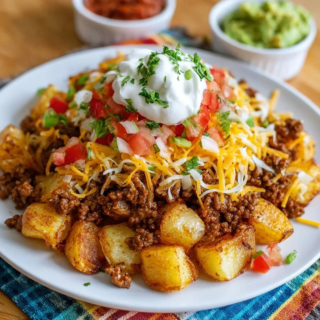 Cheesy taco potatoes loaded with toppings for a tasty meal.