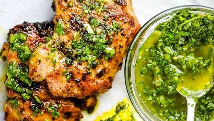 Delicious chimichurri chicken thighs garnished with fresh herbs