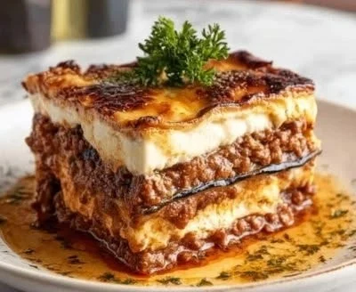 Classic Greek Moussaka with layers of eggplant, meat, and béchamel sauce