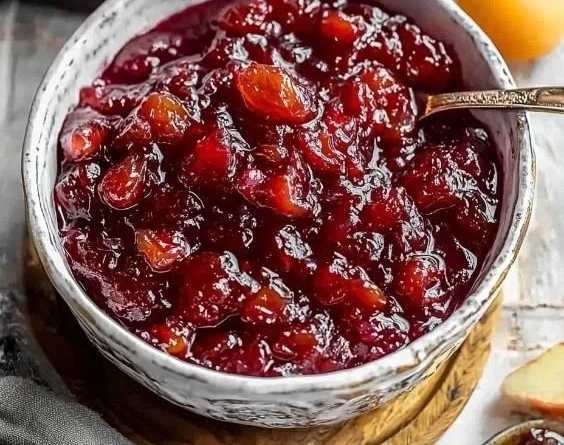 Homemade cranberry chutney served in a small dish with fresh cranberries.