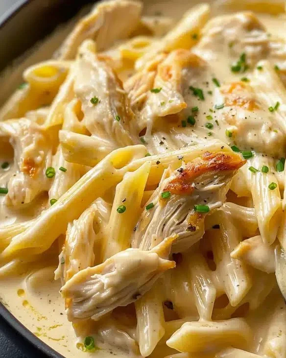 Creamy Crack Chicken Pasta served in a bowl with herbs and cheese garnish