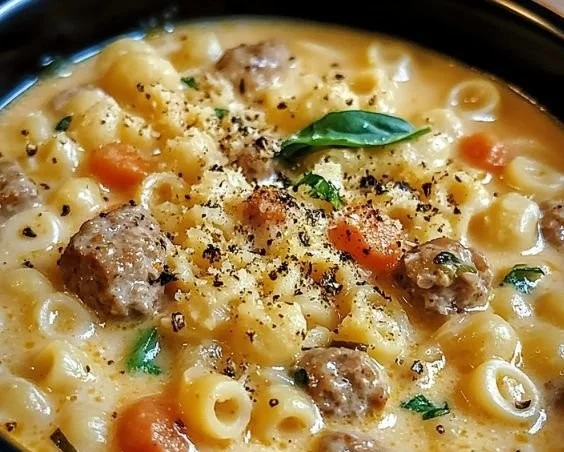 Bowl of creamy Italian sausage soup garnished with herbs and vegetables