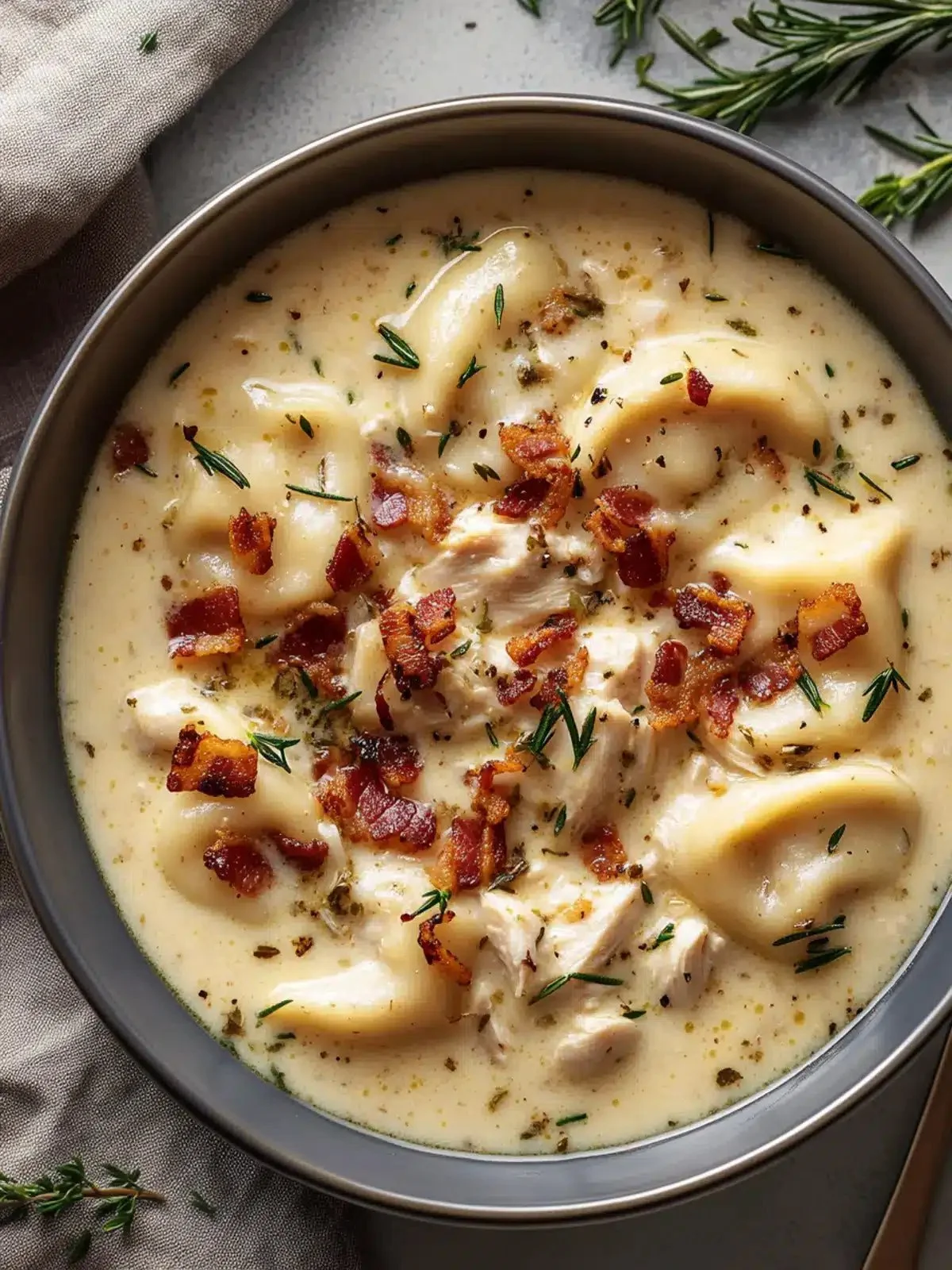 Creamy pierogi chicken soup garnished with rosemary and bacon