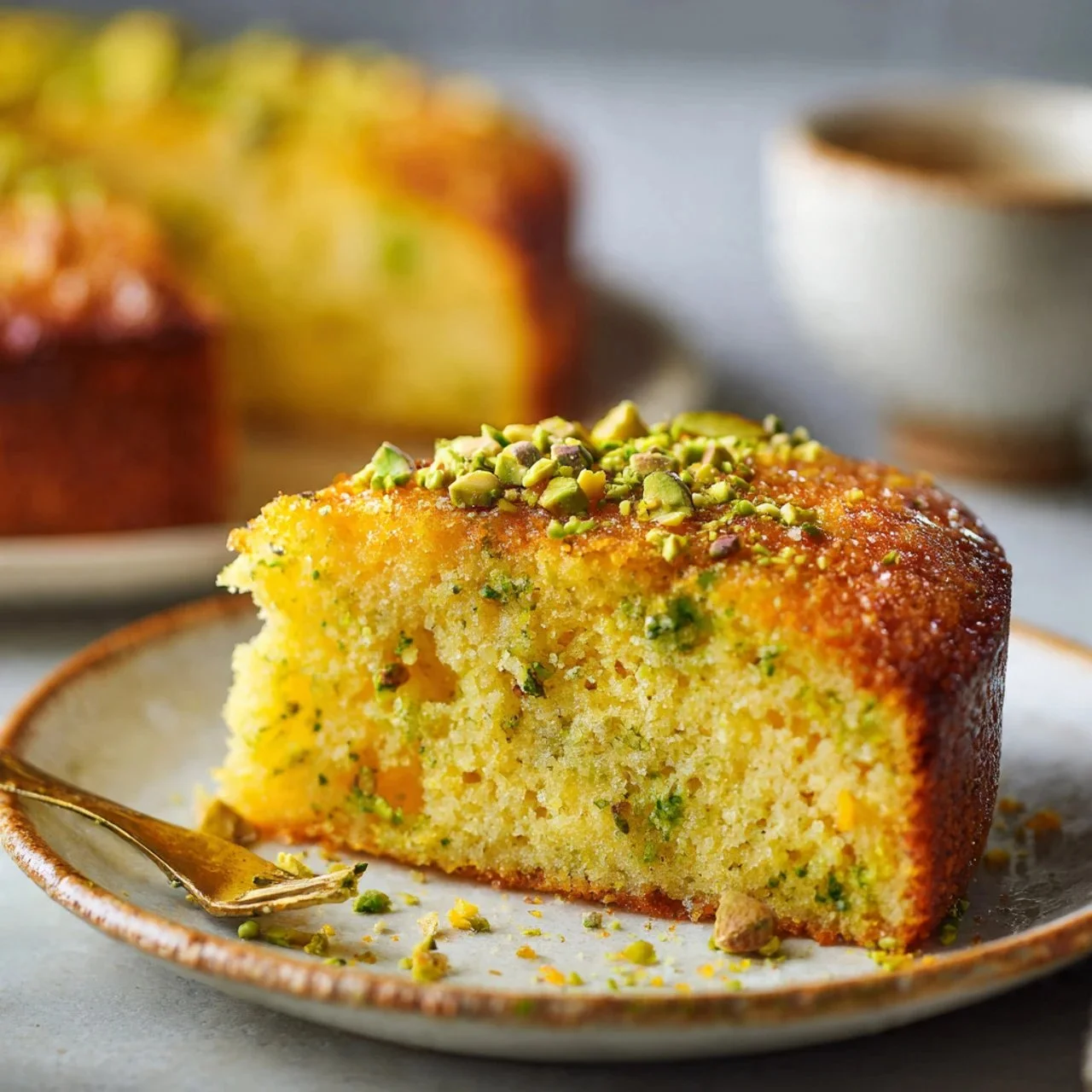 Flourless lemon pistachio cake with vibrant lemon zest and pistachios on top.