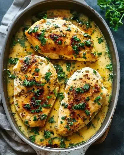 Garlic Butter Baked Chicken Breast served on a plate with herbs