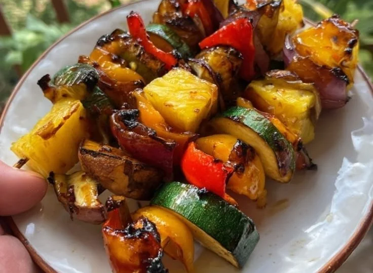 Colorful grilled vegetable skewers with honey-lime chili glaze on a plate