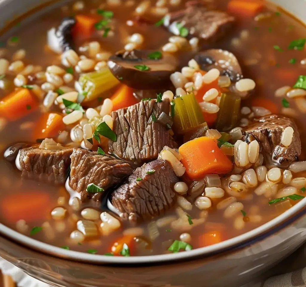A steaming bowl of hearty beef barley soup with vegetables and fresh herbs