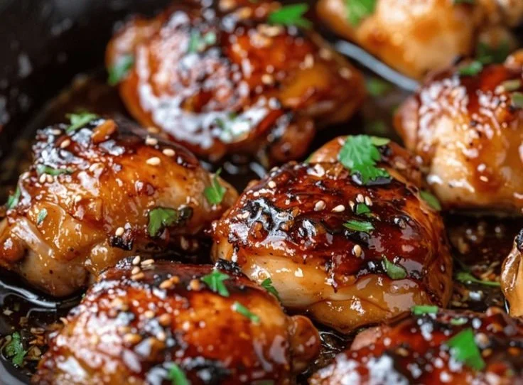 Honey Garlic Bourbon Glazed Chicken Thighs cooked to perfection with a savory glaze