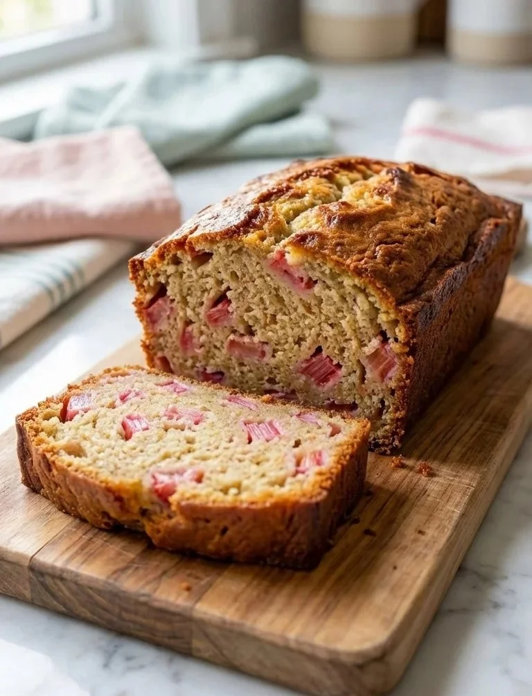 Irresistible rhubarb bread baked golden brown, garnished with fresh rhubarb.
