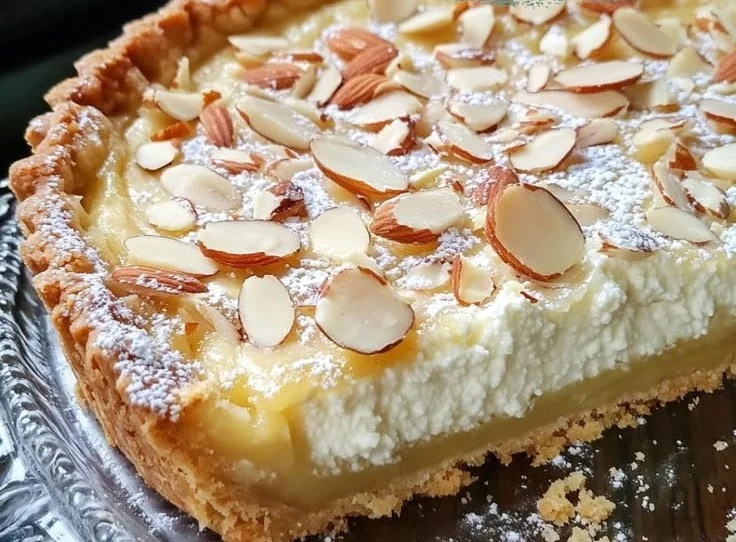 Slice of Italian Almond Cake topped with almonds and powdered sugar
