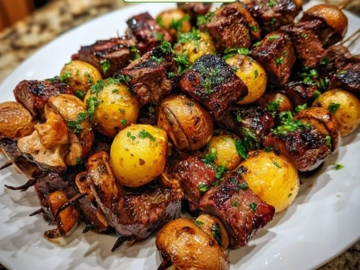 Grilled juicy garlic herb steak kabobs on skewers