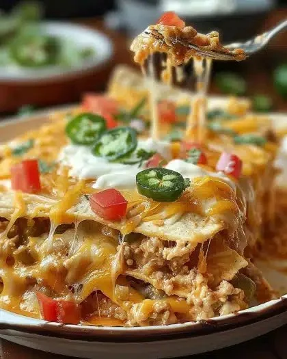 Delicious Mexican White Trash Casserole topped with cheese and spices.