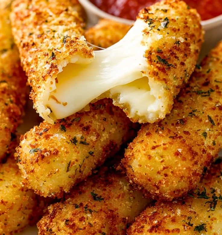 Plate of golden brown mozzarella sticks with marinara sauce