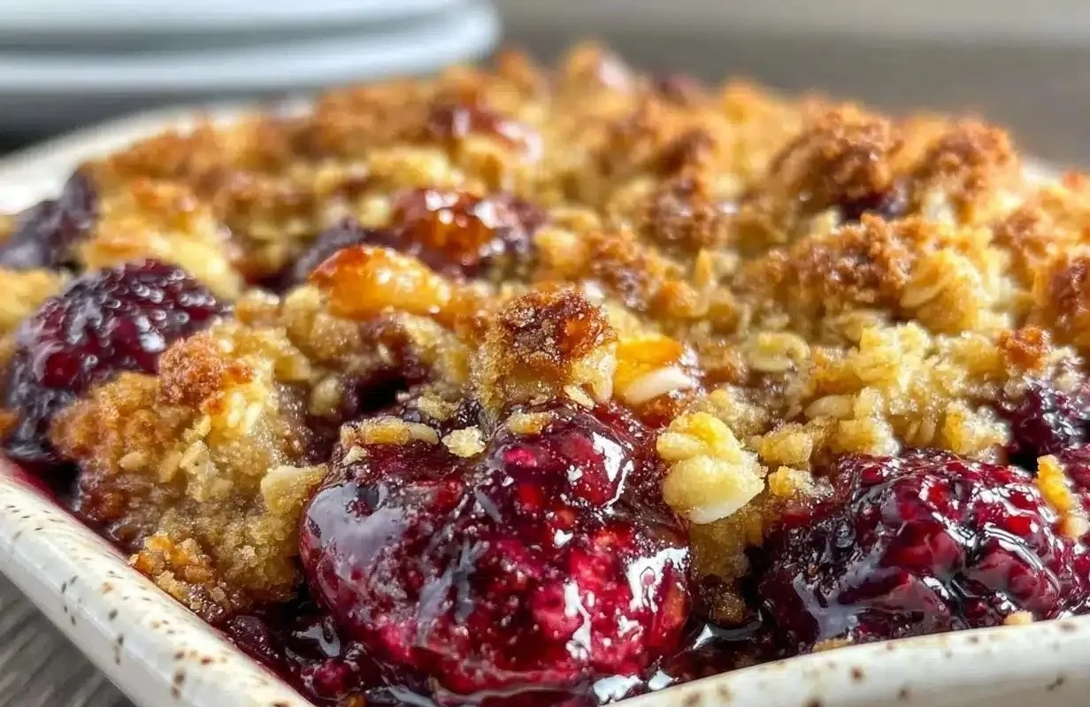 Delicious mulberry crisp dessert topped with crunchy oat layer