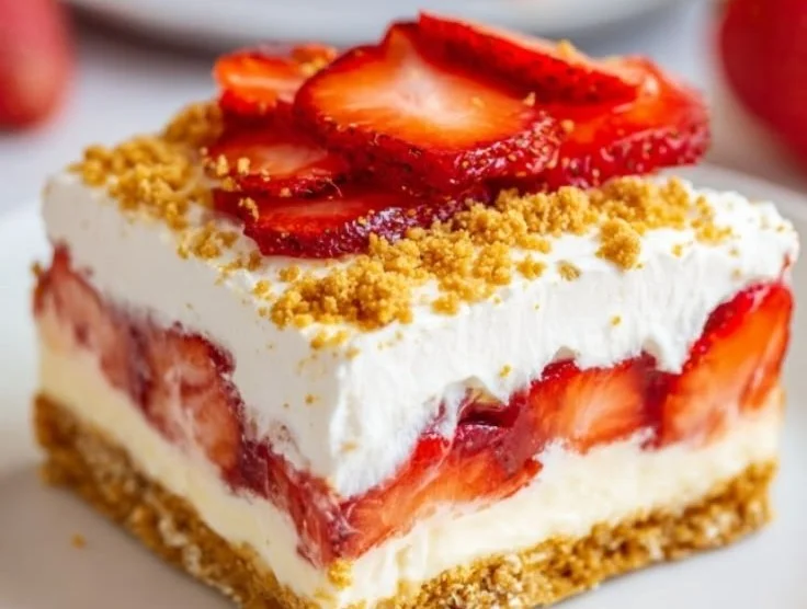Delicious no-bake strawberry dessert topped with fresh strawberries and whipped cream