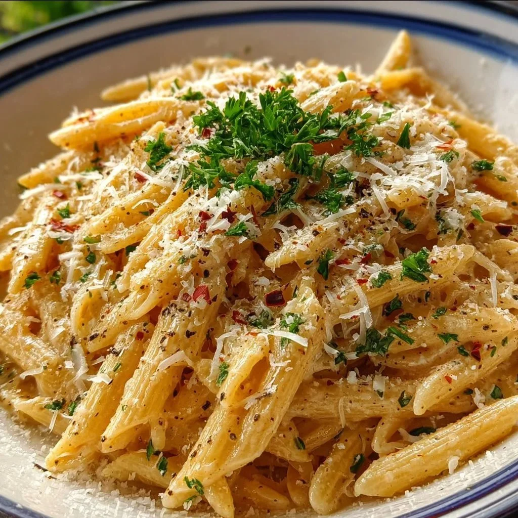 One pot creamy garlic pasta served in a bowl with fresh parsley on top