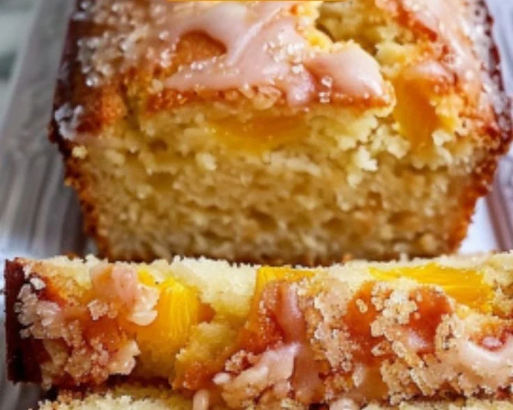 Freshly baked peach bread with slices and peaches on a rustic table