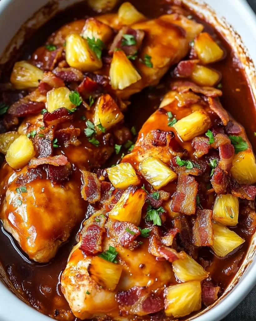 Pineapple BBQ Baked Chicken Breast on a plate with pineapple slices
