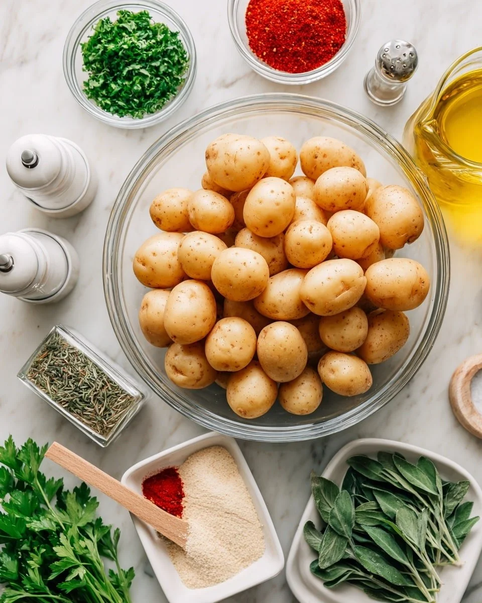 Oven-roasted baby potatoes with garlic, thyme, and basil on a serving plate.