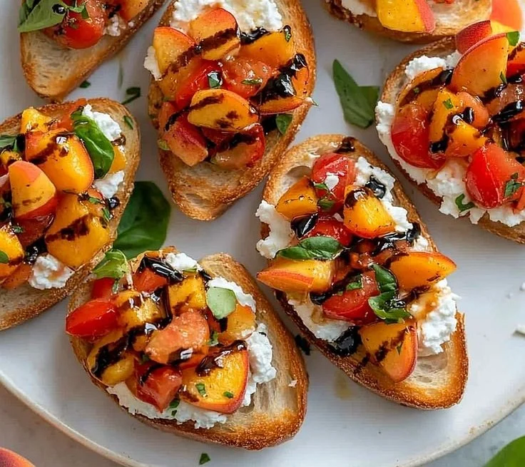 Delicious peach bruschetta topped with whipped ricotta served on toasted bread