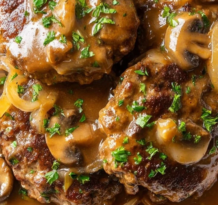Delicious smothered beef patties served with rich gravy and onions