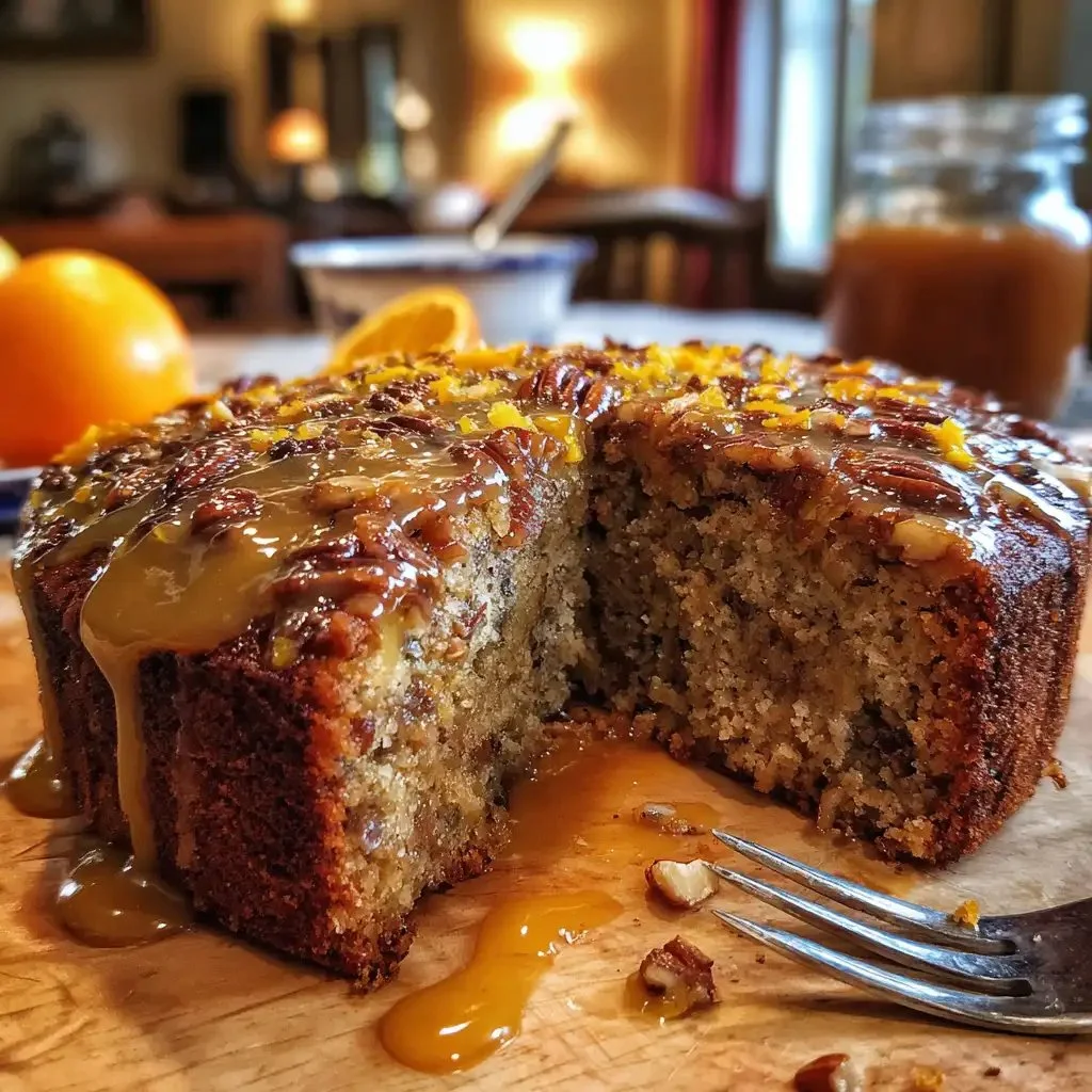Sticky Fig Pecan Cake topped with a bright orange zest glaze.