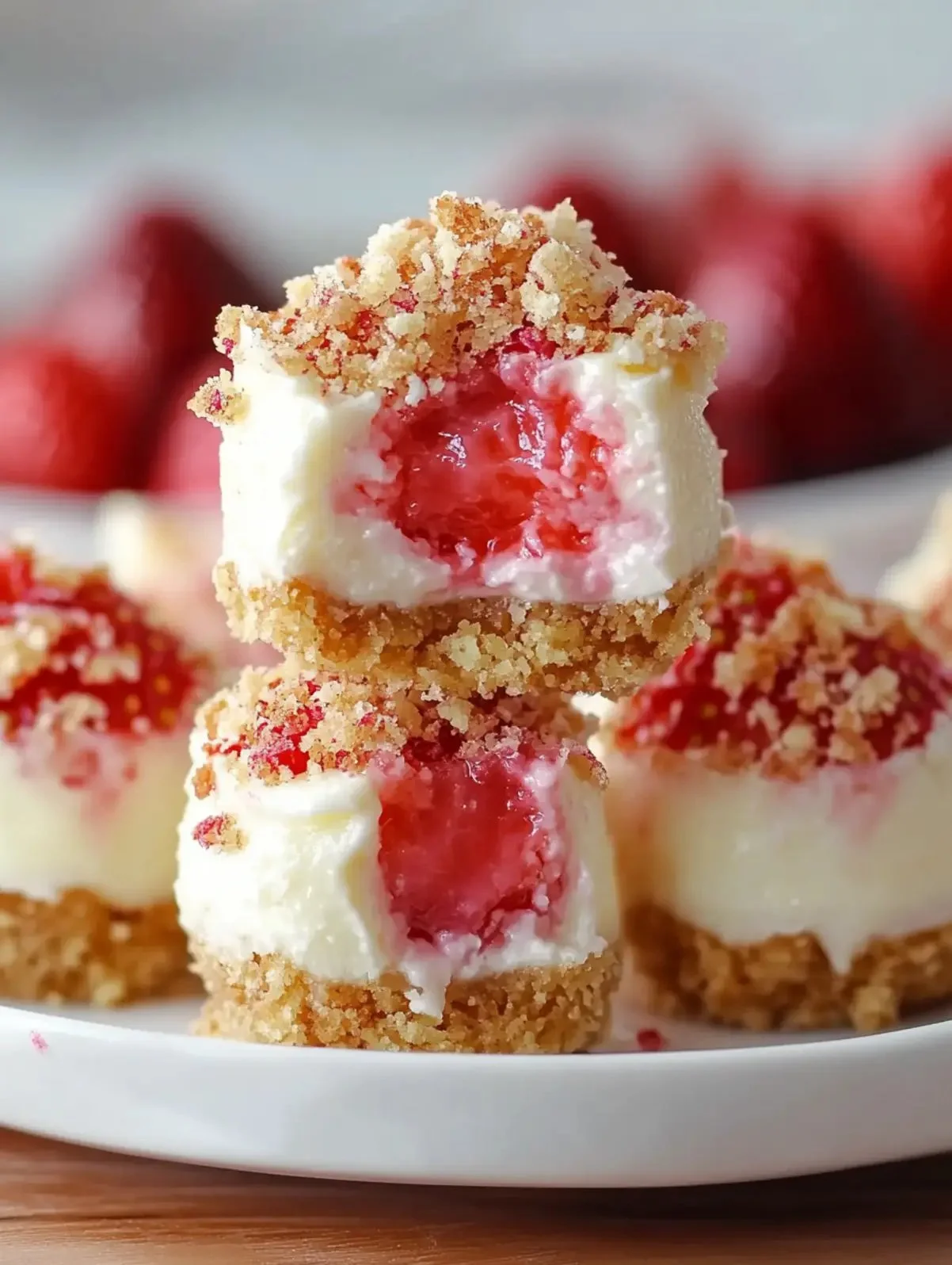 Delicious strawberry crunch cheesecake bites topped with crushed strawberries.