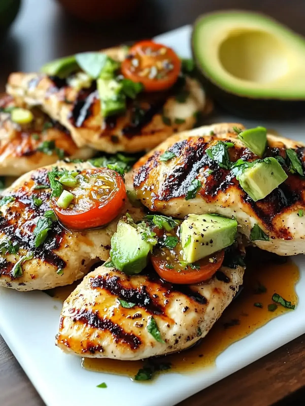 Grilled avocado chicken served on a plate with fresh herbs.