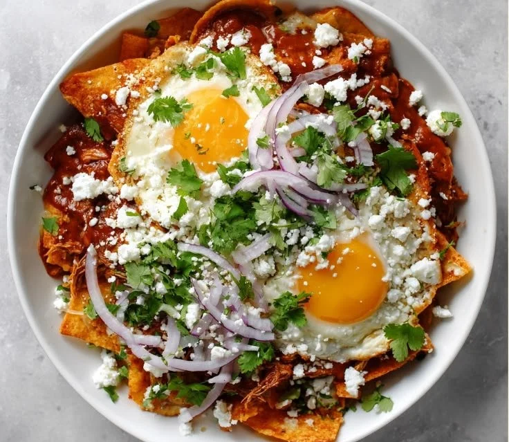 Plate of chilaquiles topped with eggs and salsa, a traditional Mexican dish.