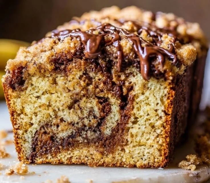 Delicious coffee cake banana bread with espresso swirl slices on a plate