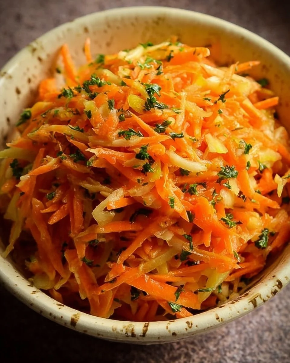 Bowl of fermented ginger carrot slaw with vibrant colors and fresh ingredients.