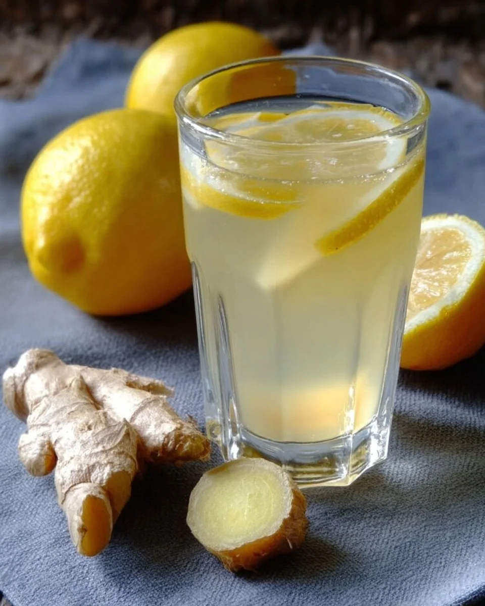 Glass of lemon ginger water with lemon slices and ginger root