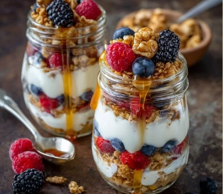 Overnight yogurt parfait jars with layers of yogurt, fruit, and granola.