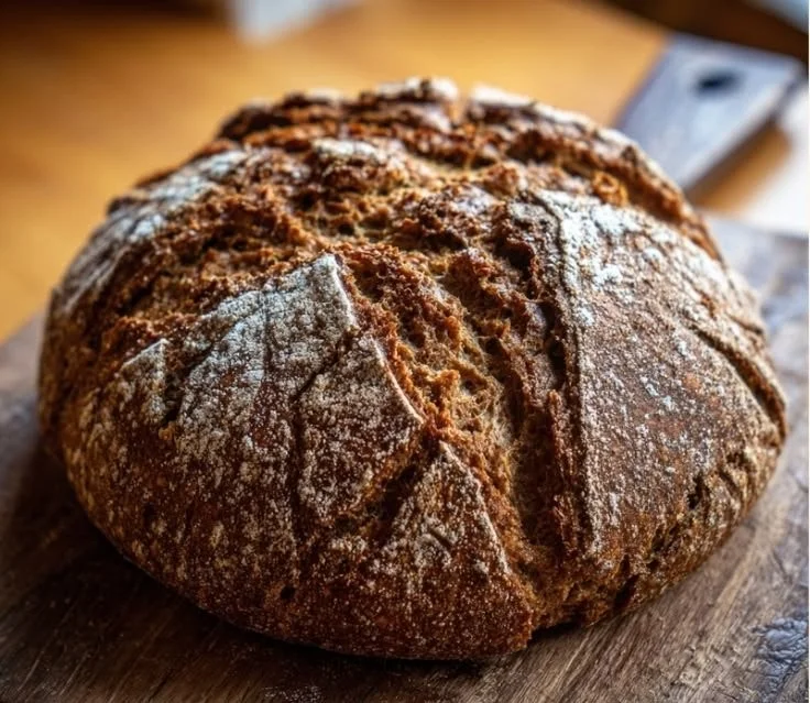 Freshly baked rye sourdough bread with a crispy crust and soft interior.