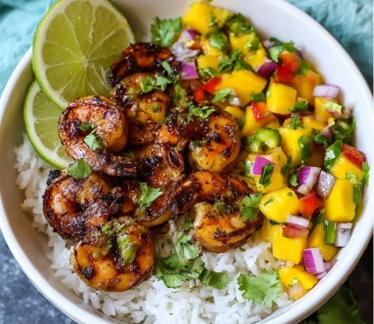 Shrimp meal prep bowl topped with fresh mango salsa, a healthy dish